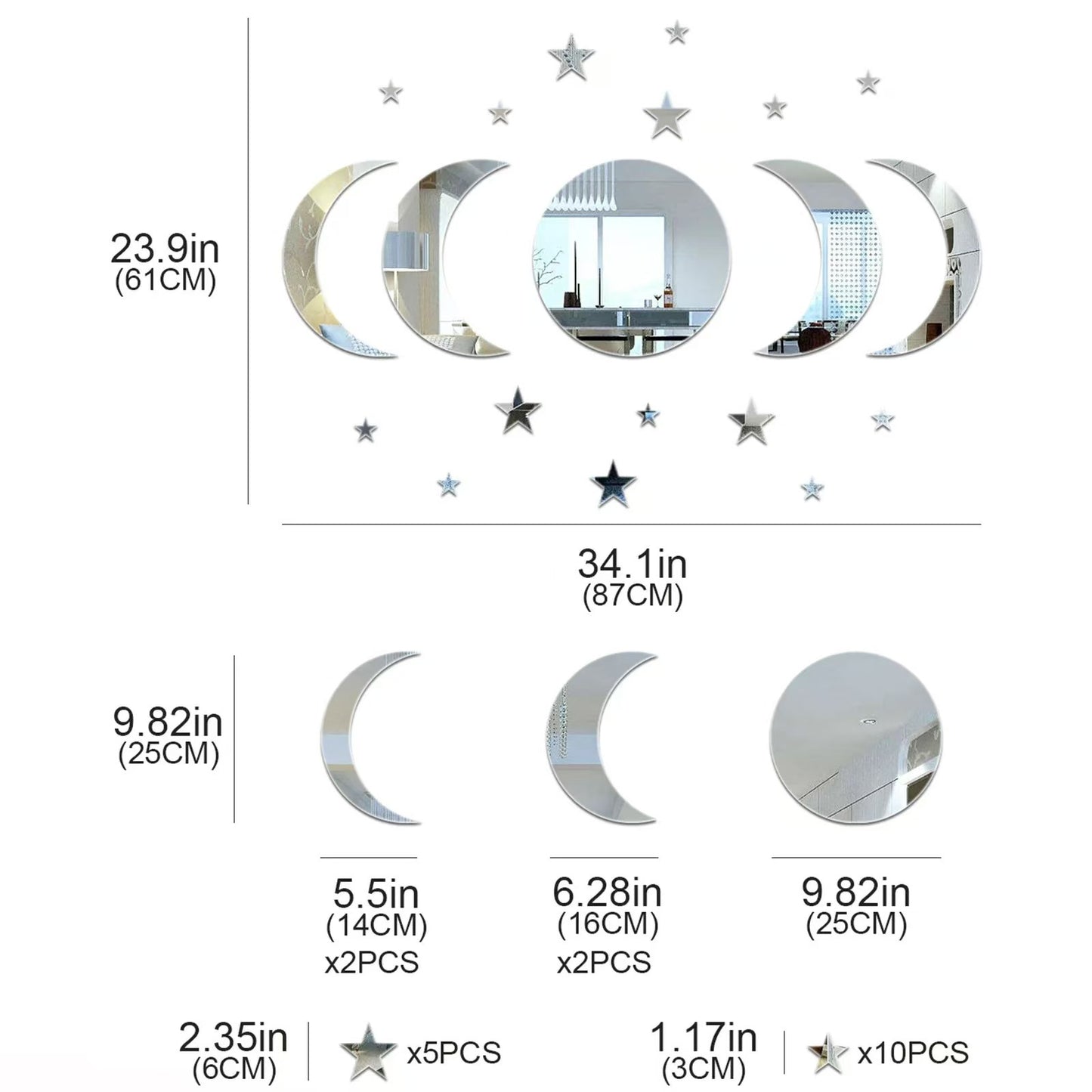 Acrylic Star Moon Shape Wall Sticker Lenses for Wall Decoration in Living Rooms, Bedrooms